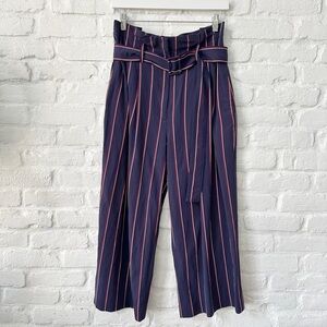 Derek Lam Navy Striped Paperbag Waist Wide-Leg Pants